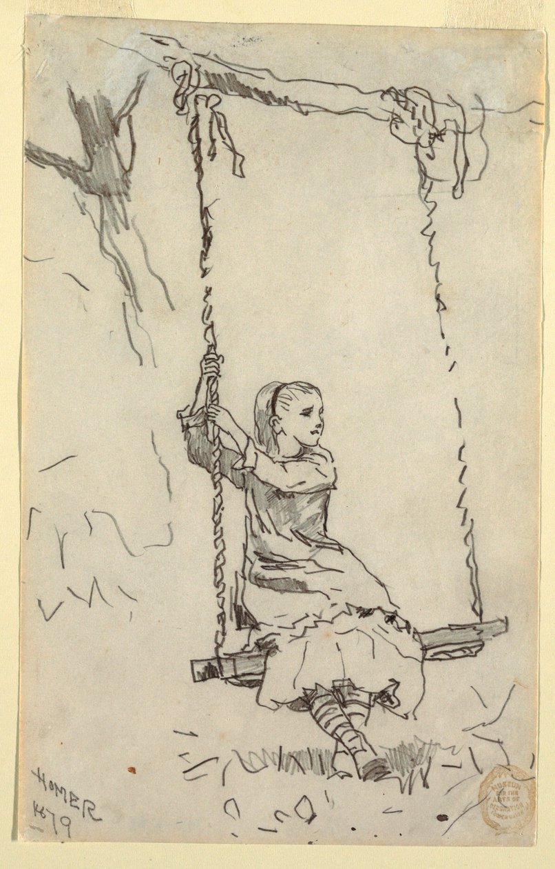 Teckning, flicka på en gunga, 1879 av Winslow Homer