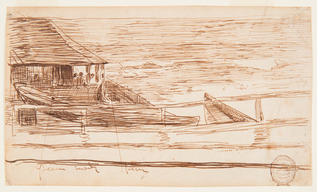 Teckning, Hus vid en räcke med strandade doryer, Cullercoats, England, 1881 av Winslow Homer