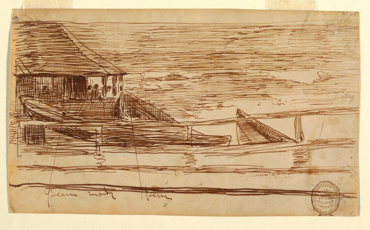 Teckning, Hus vid en räcke med strandade doryer, Cullercoats, England, 1881 av Winslow Homer