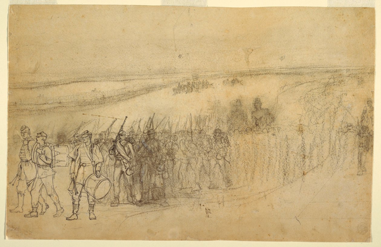 Teckning, marscherande infanterikolonn, ca 1862 av Winslow Homer