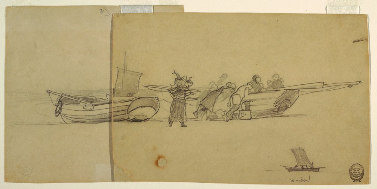 Teckning, Män och kvinnor lossar en fiskedocka, Cullercoats, England, 1881-82 av Winslow Homer