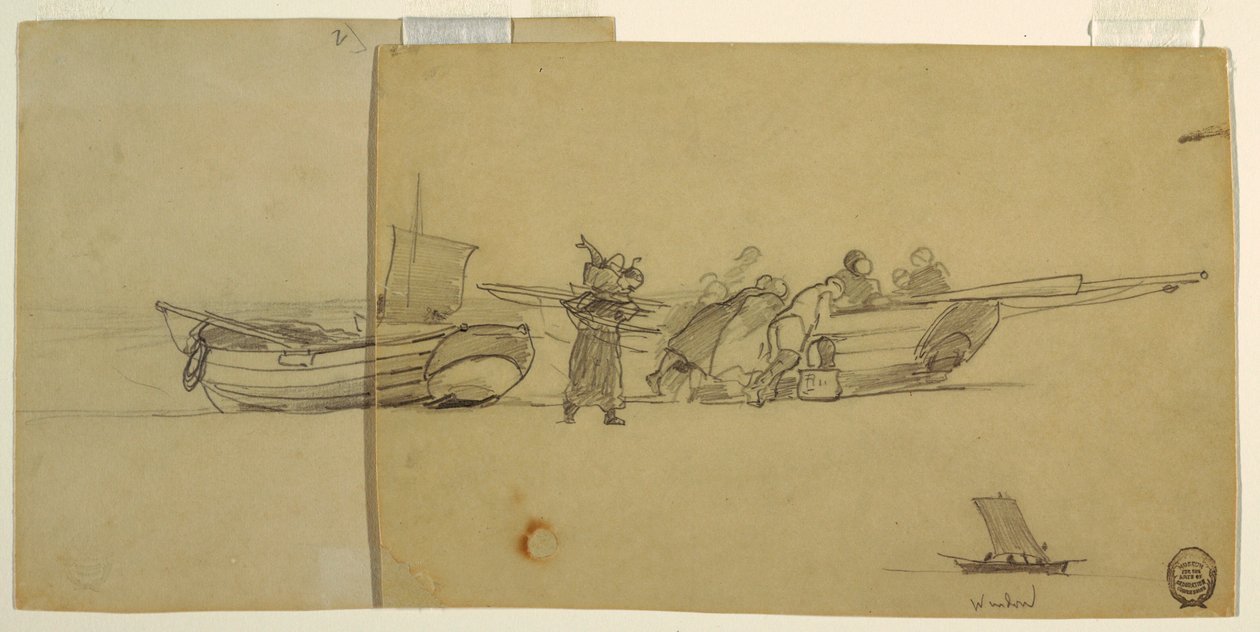 Teckning, del av en fiskedocka, England, 1881-82 av Winslow Homer