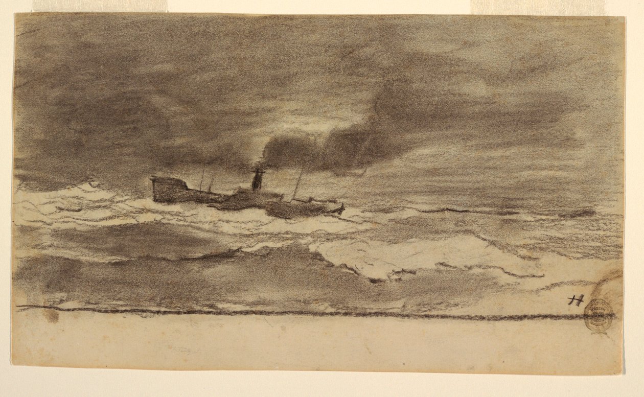 Teckning, Havslandskap med fisketrålare, Cullercoats, England, 1881-82 av Winslow Homer