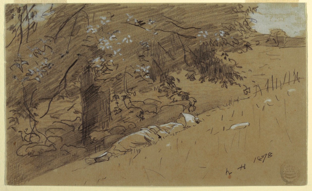 Teckning, Herdinna vilar under ett träd, 1878 av Winslow Homer
