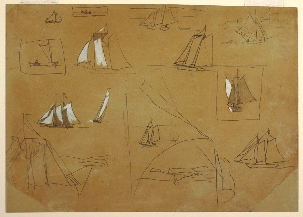 Teckning, Skisser av segelbåtar, Cullercoats, England, 1881-82 av Winslow Homer
