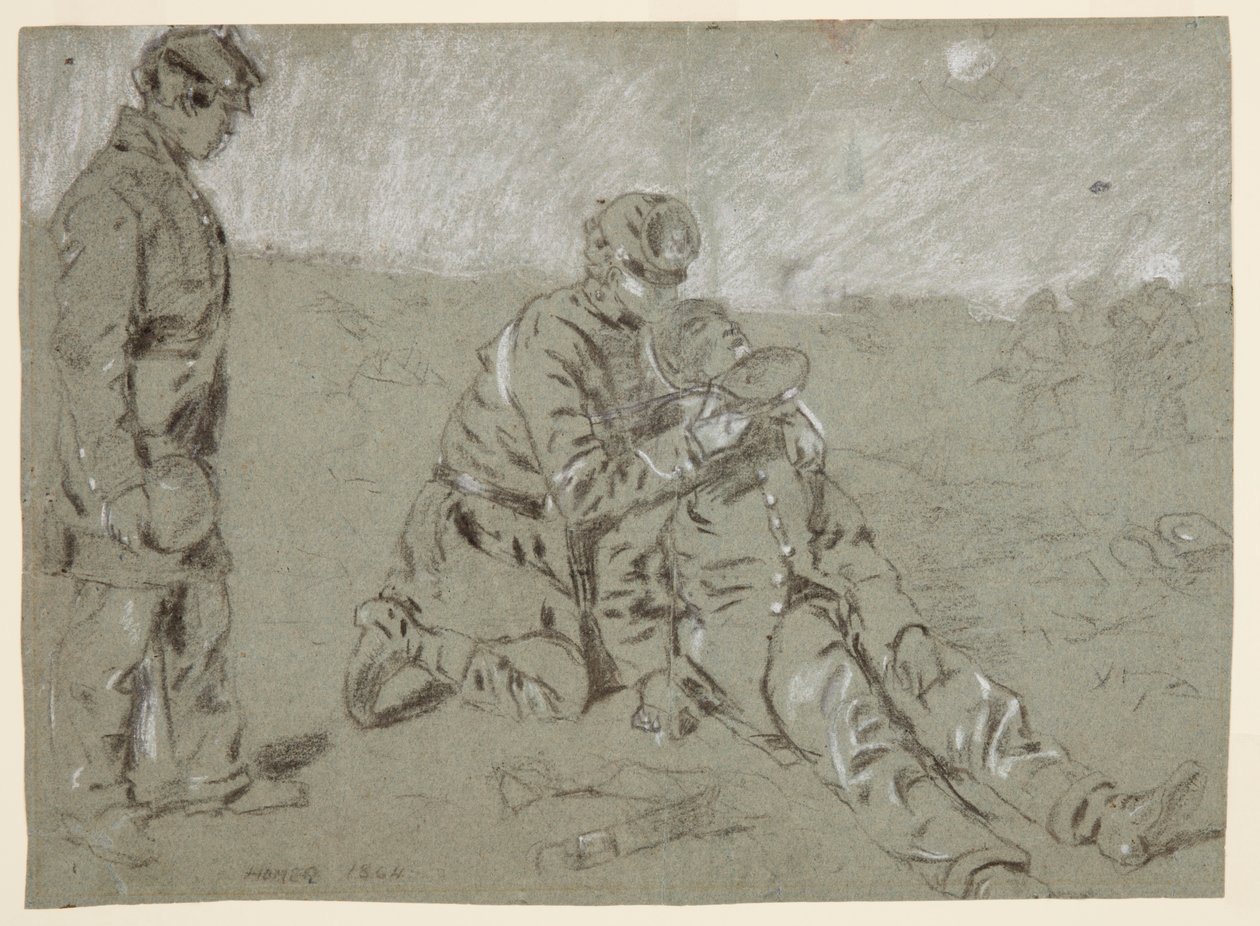 Teckning, Soldat ger vatten till en sårad kamrat, 1864 av Winslow Homer