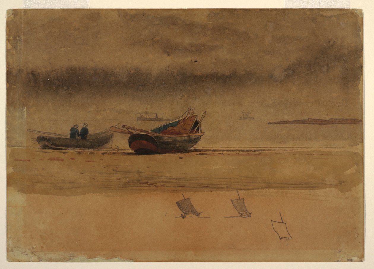 Teckning, akterutsikt över två roddbåtar, England, 1881-82 av Winslow Homer