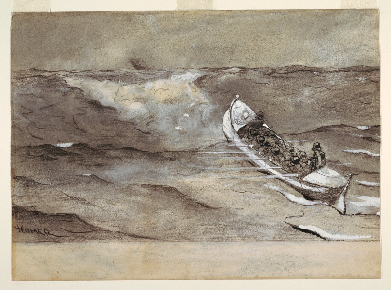 Teckning, Livbåten, studie till akvarell, "Iron Crowns förlisning", 1881 av Winslow Homer
