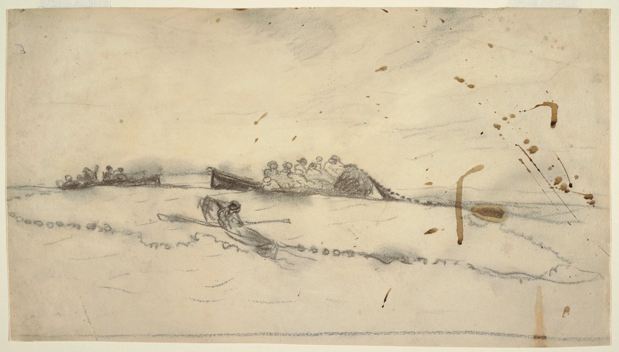 Teckning, Tre båtar med fiskare som lägger ut ett nät, 1881-82 av Winslow Homer