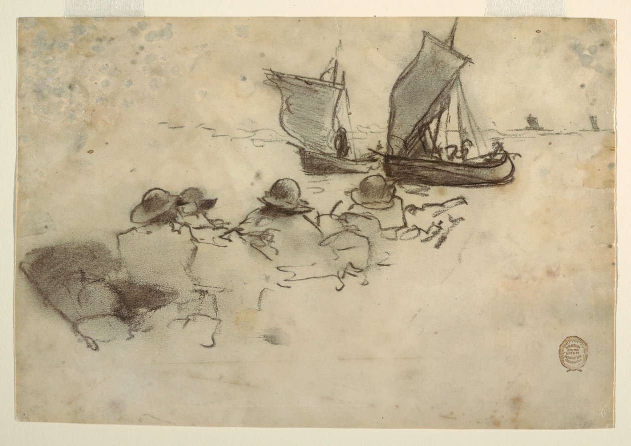 Teckning, Två fiskebåtar med segel, Cullercoats, England, 1881-82 av Winslow Homer