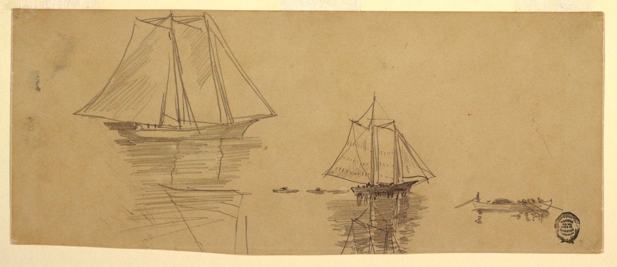 Teckning, Två skonare och doryer, ca 1880 av Winslow Homer