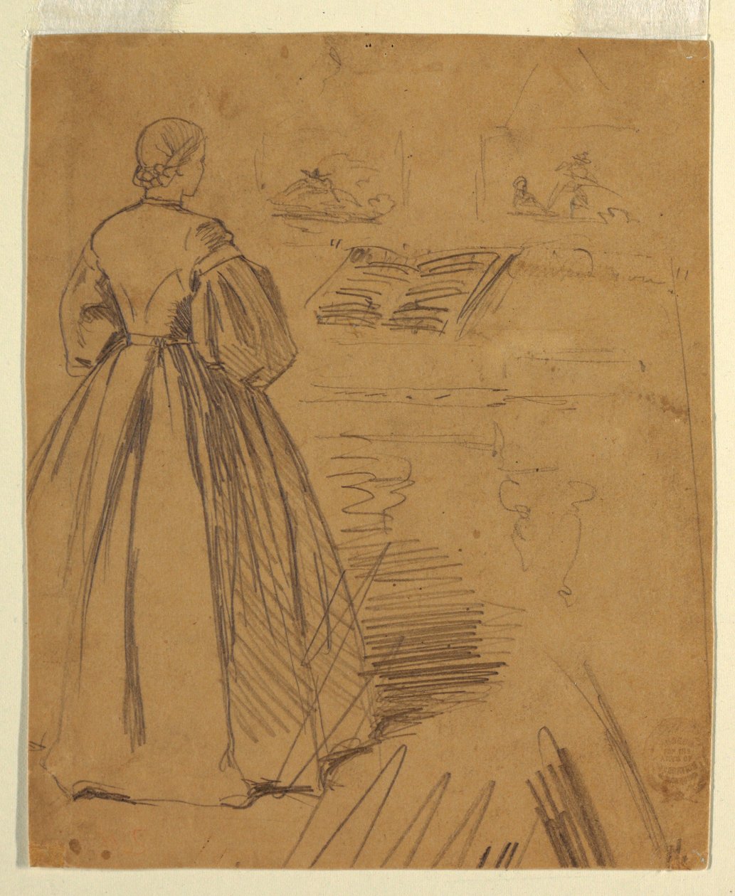Teckning, kvinna stående framför ett piano, 1862 av Winslow Homer