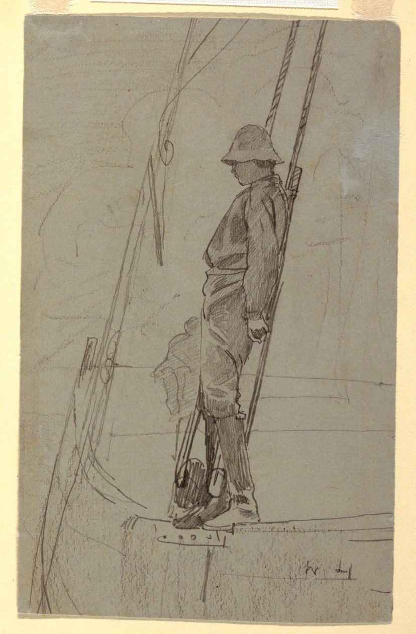 Teckning, ung man lutar sig mot segelbåtsriggen, troligen 1861-62 av Winslow Homer