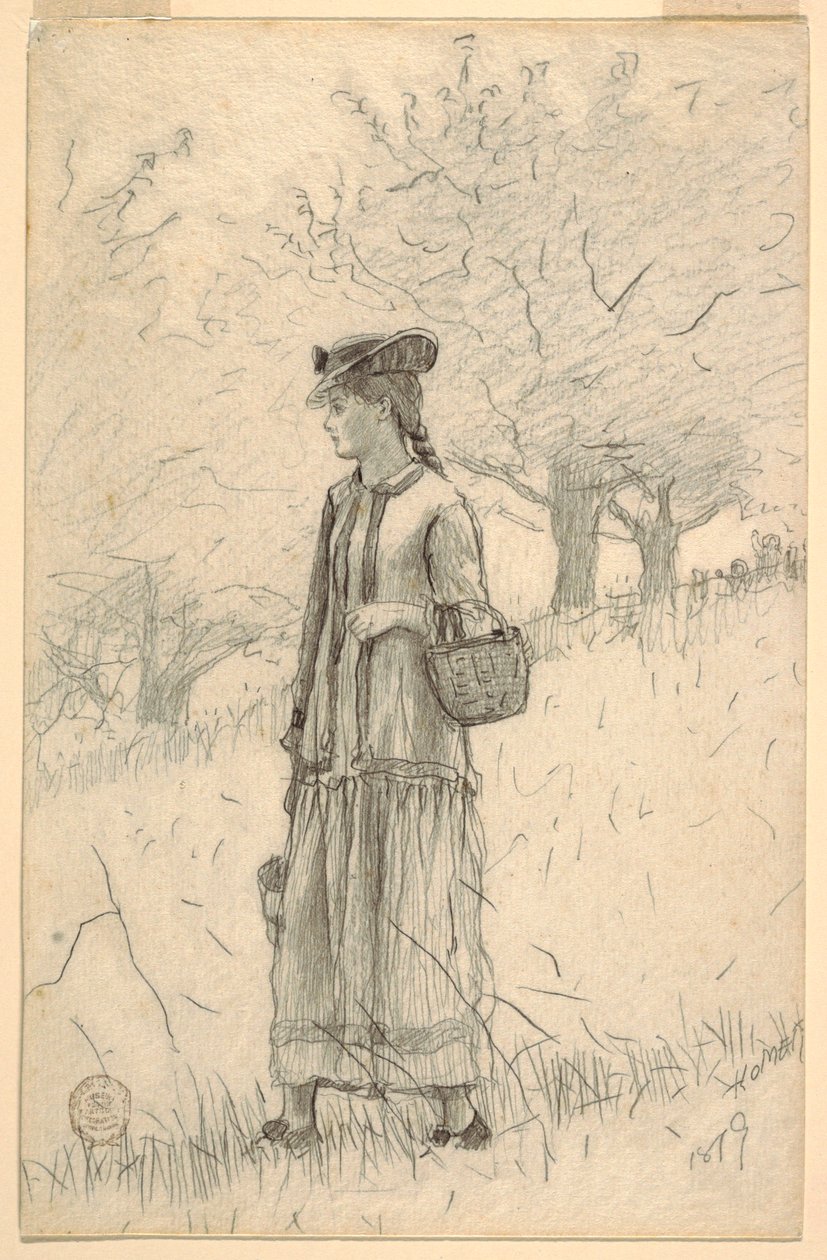 Teckning, Ung kvinna går genom ett fält, 1879 av Winslow Homer