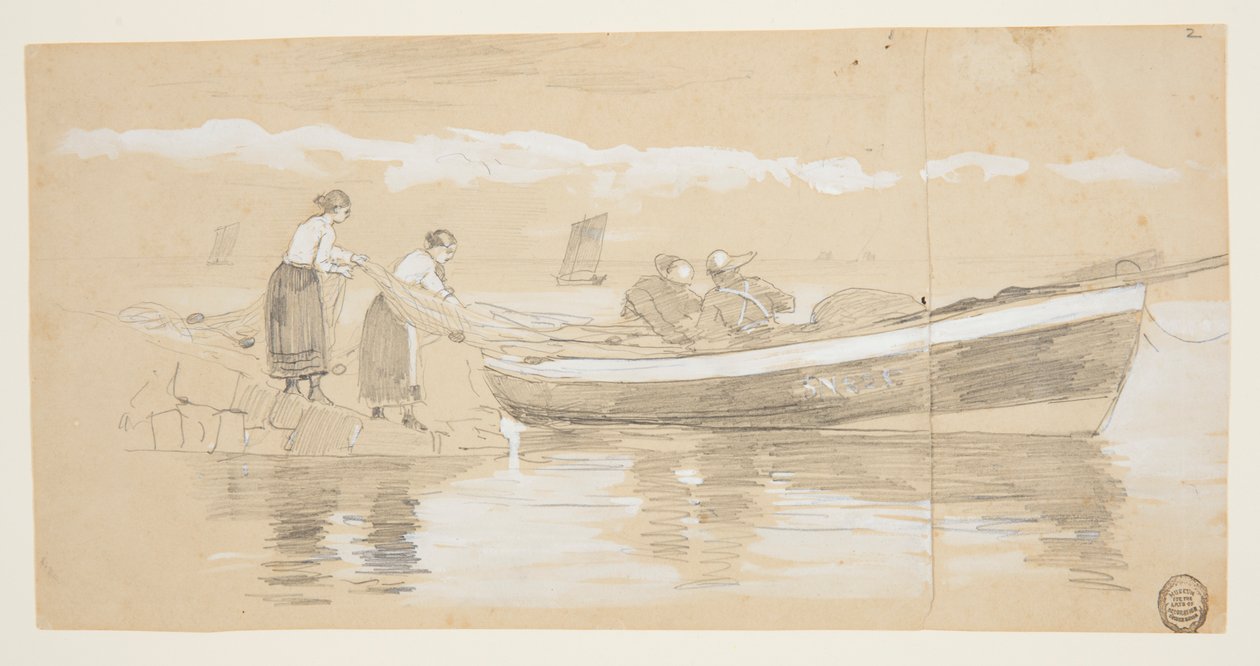Fiskare och kvinnor som stuvar nät i en strandad dory, Cullercoats, England av Winslow Homer