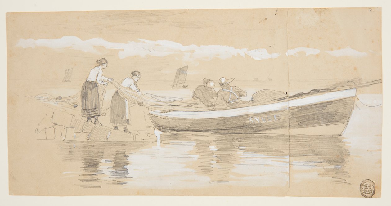 Fiskare och kvinnor som stuvar nät i en strandad dory, Cullercoats, England av Winslow Homer