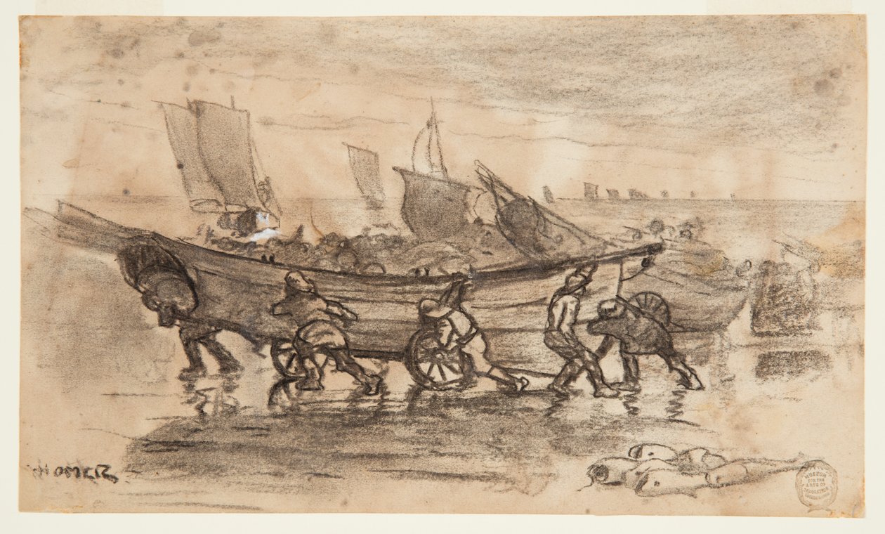 Fiskare som strandar en Dory, Cullercoats, England av Winslow Homer