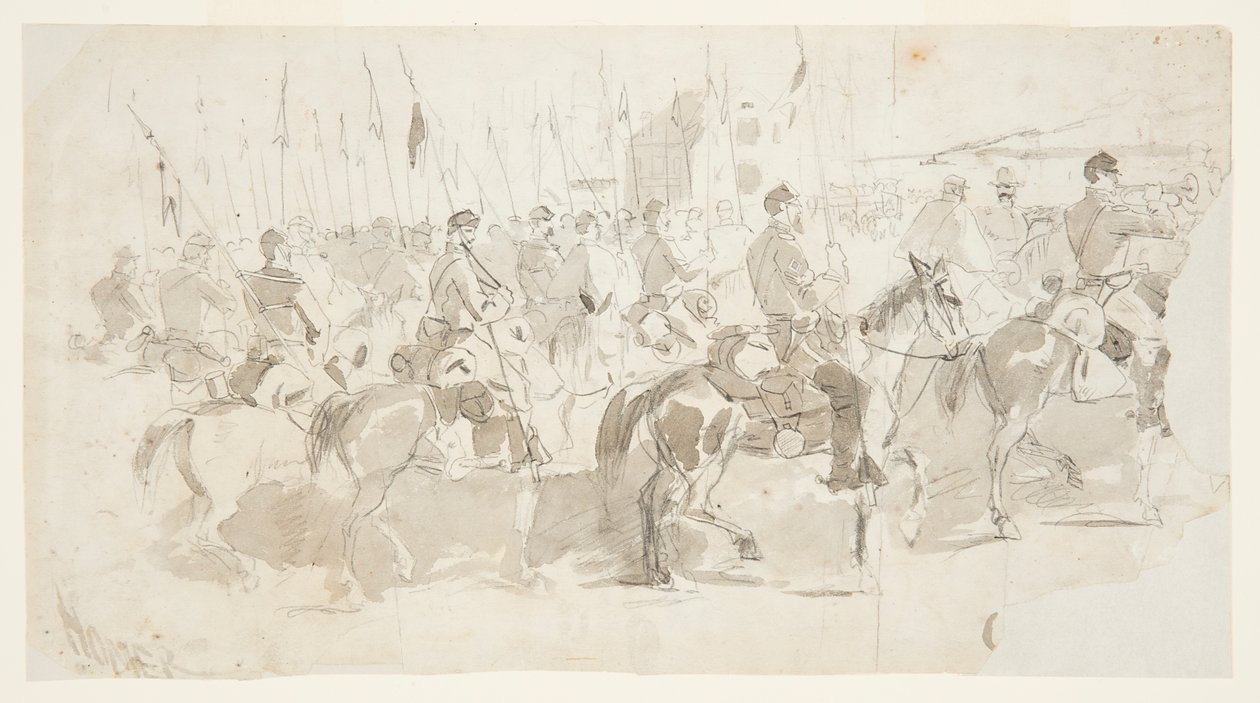 General McClellans sjätte kavalleriregemente, går ombord på Alexandria för Old Point Comfort av Winslow Homer