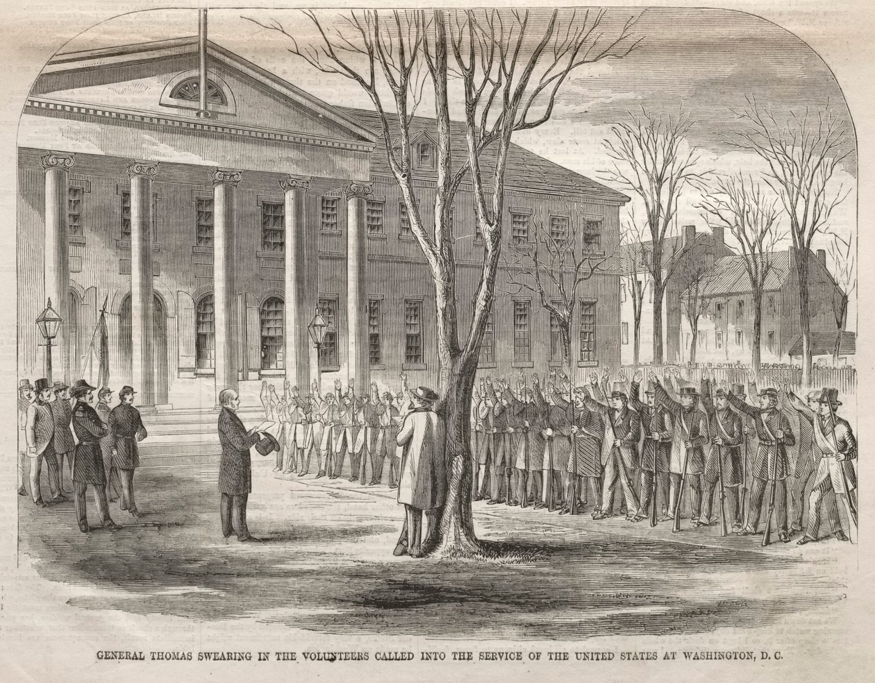 General Thomas svär in de frivilliga som kallats in i USA:s tjänst i Washington, D.C. av Winslow Homer