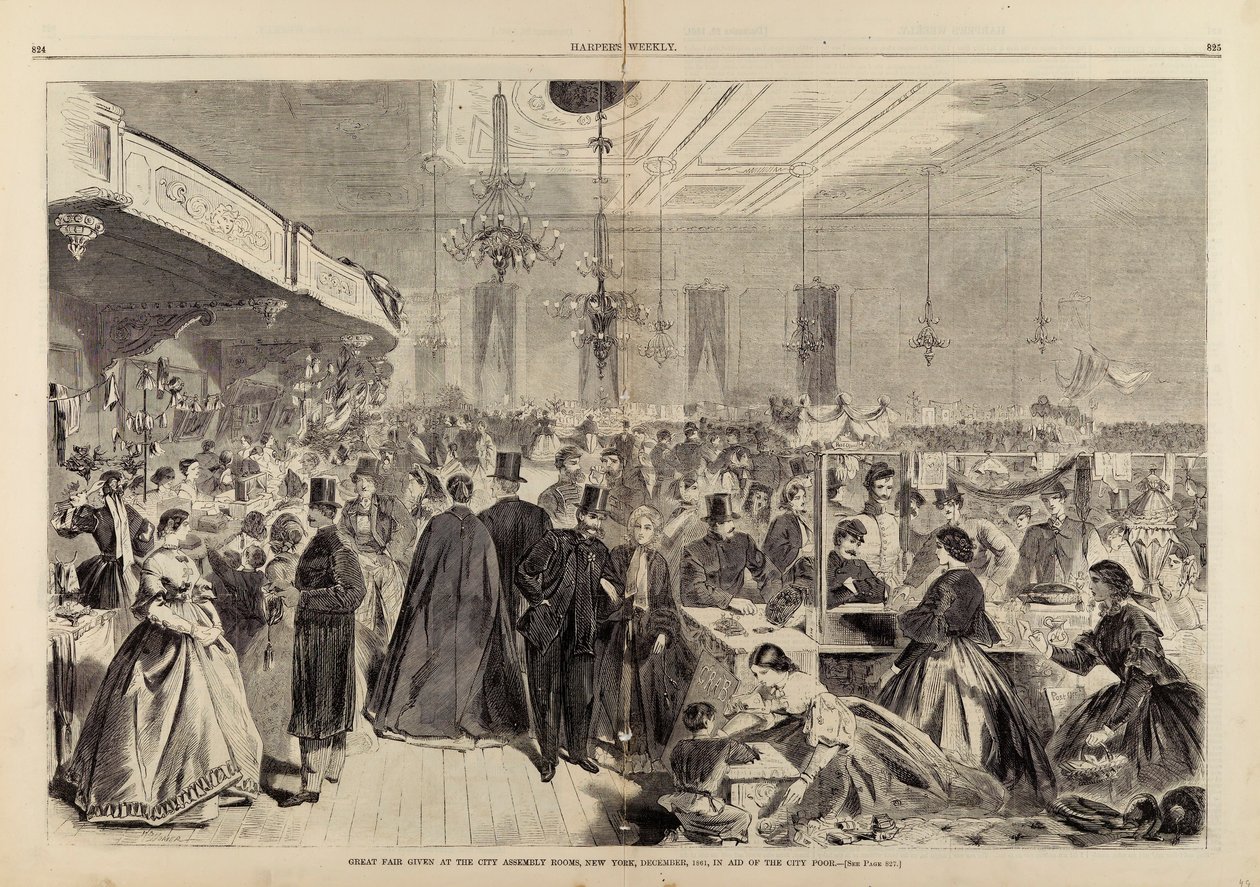 Stor mässa som hölls i City Assembly Rooms, New York, december 1861, till förmån för stadens fattiga, från Harper