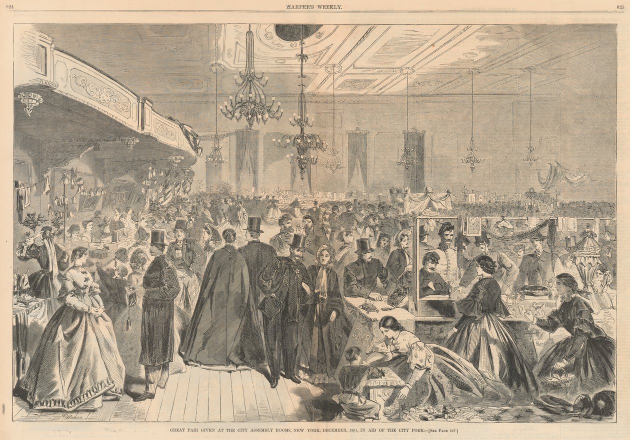 Stor mässa hölls i stadens samlingslokaler, New York, december 1861, till förmån för stadens fattiga; från Harper av Winslow Homer