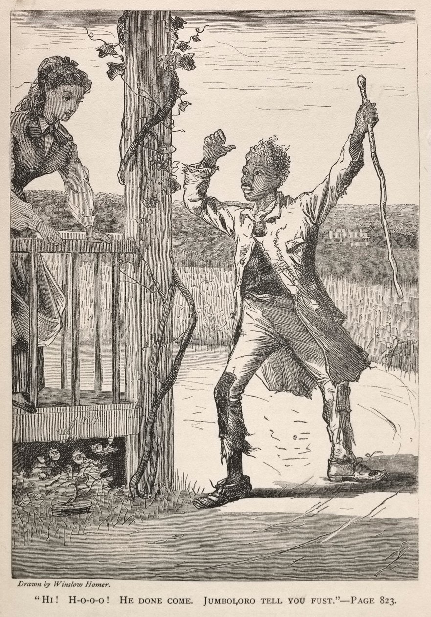 "Hej! H-O-O-O!  Han har kommit.  Jumboloro berättar först." av Winslow Homer