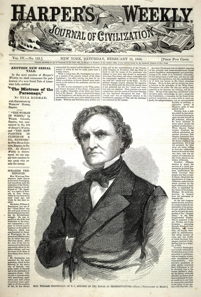 William Pennington från New Jersey, talman i representanthuset, ur Harper’s Weekly, 11 februari 1860 av Winslow Homer