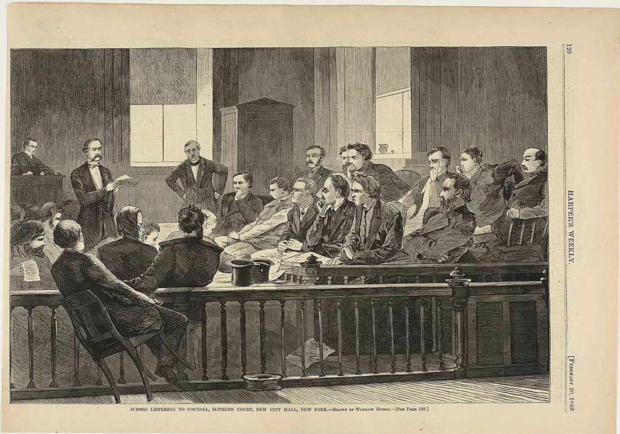 Jurymedlemmar lyssnar på advokater, Högsta domstolen, New City Hall, New York av Winslow Homer