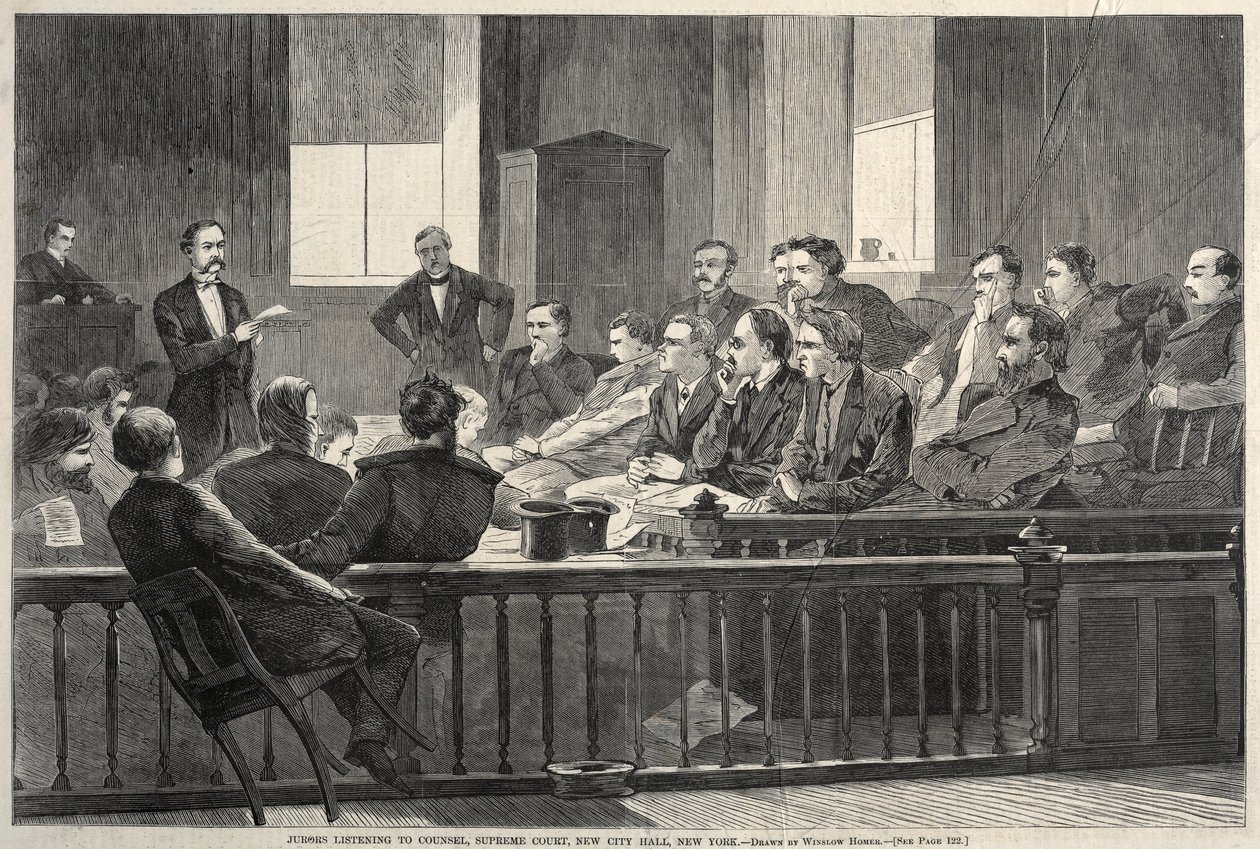 Jurymedlemmar lyssnar på advokaterna, Högsta domstolen, det nya stadshuset, New York av Winslow Homer