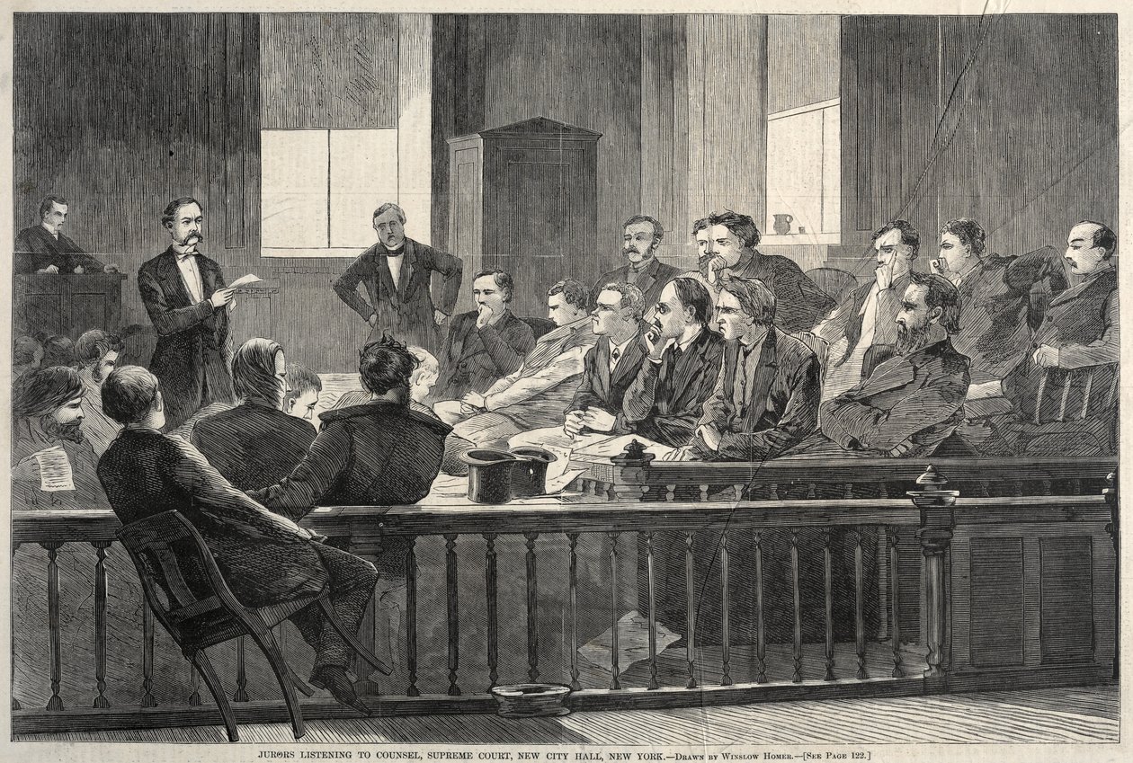 Jurymedlemmar lyssnar på rådgivare, Högsta domstolen, New City Hall, New York, 1869. av Winslow Homer