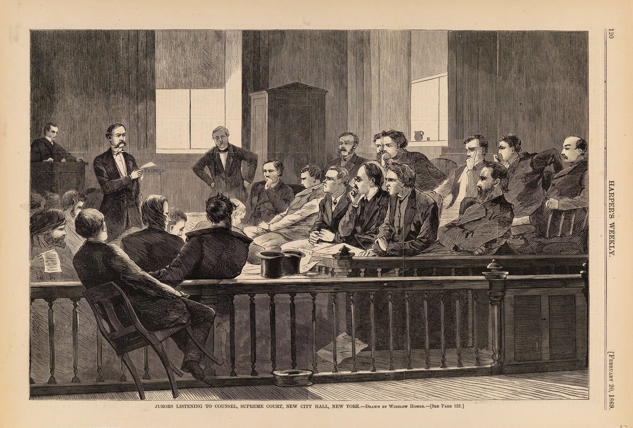 Jurymedlemmar lyssnar på advokaten, Högsta domstolen, New City Hall, New York, från Harper