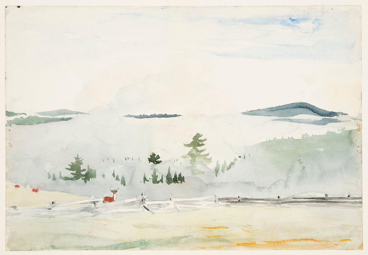 Landskap med rådjur i ett morgondis av Winslow Homer