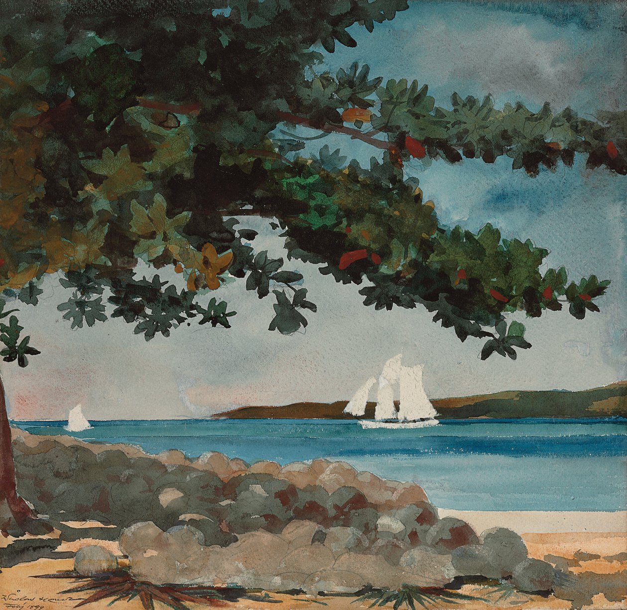 Nassau: Vatten och segelbåt, 1899 av Winslow Homer