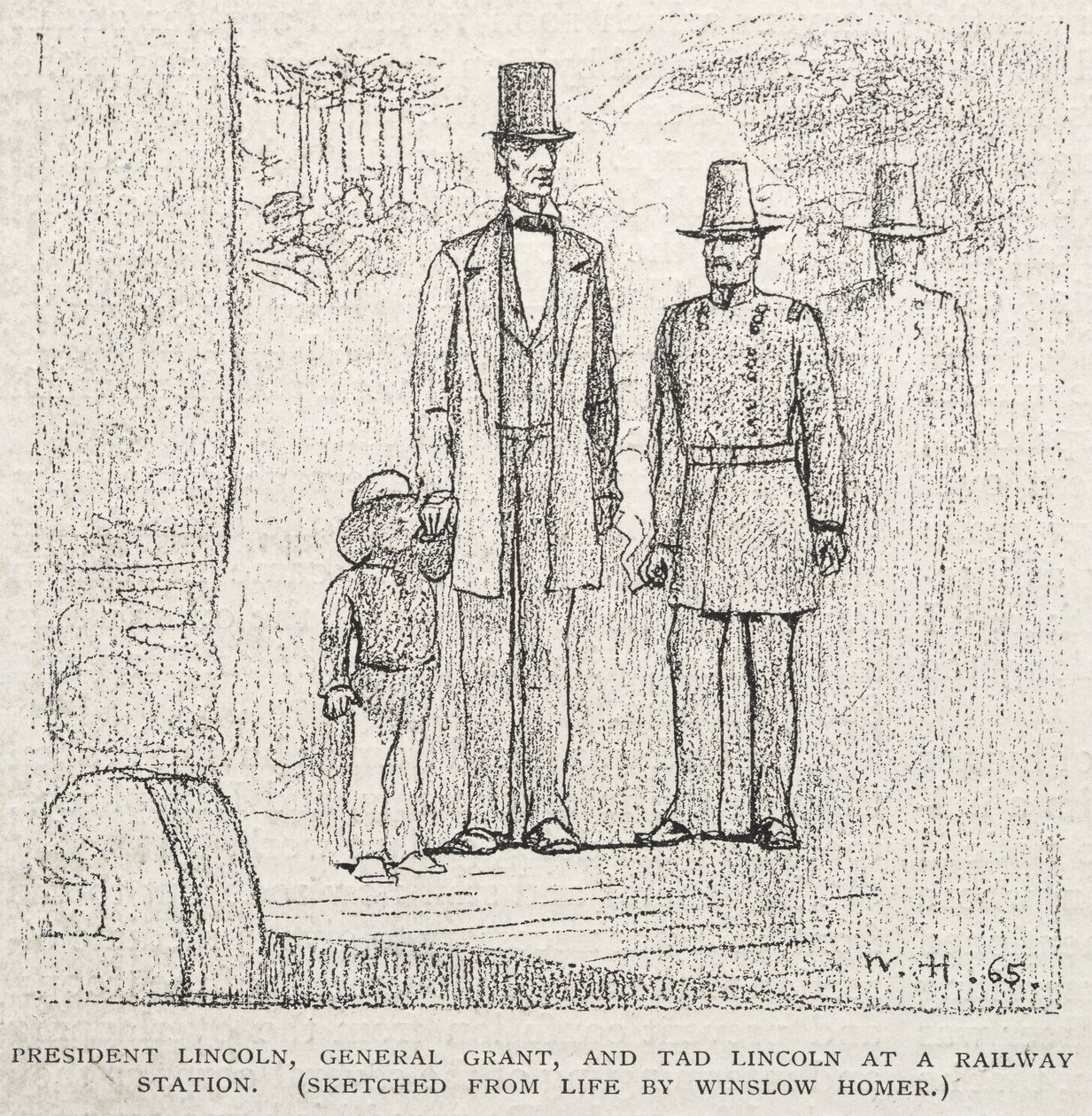 President Lincoln, general Grant och Tad Lincoln på en järnvägsstation av Winslow Homer