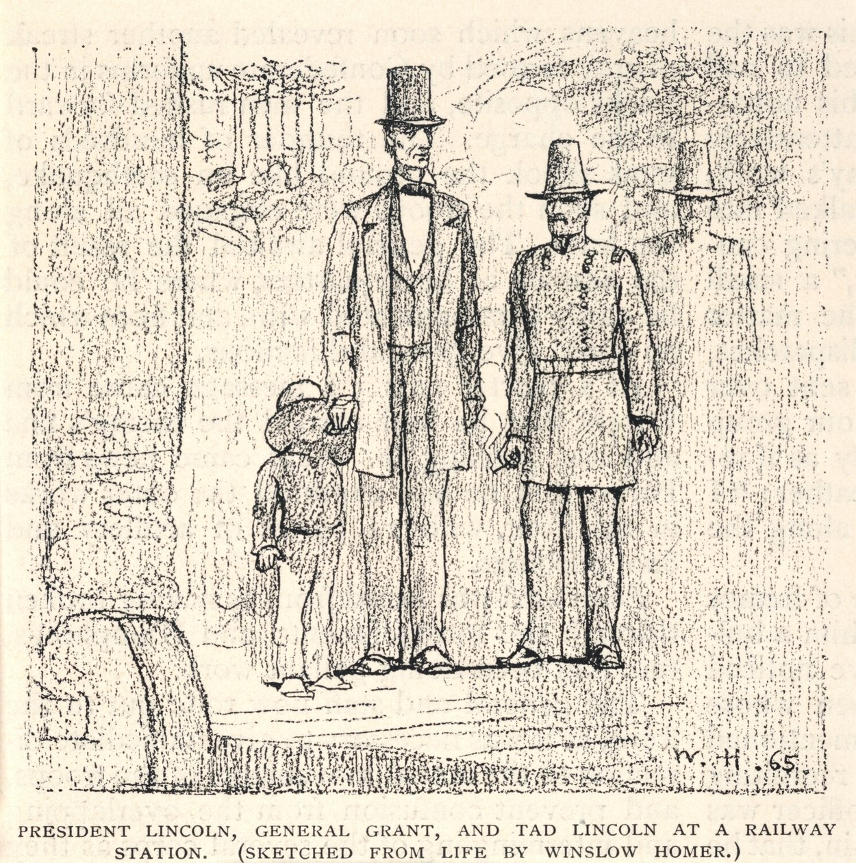 President Lincoln, general Grant och Tad Lincoln på en järnvägsstation, från The Century Magazine, november 1887 av Winslow Homer