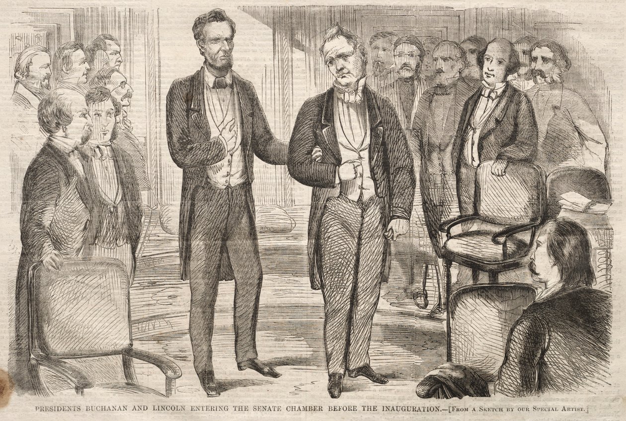 Presidenterna Buchanan och Lincoln går in i senatens kammare före invigningen av Winslow Homer