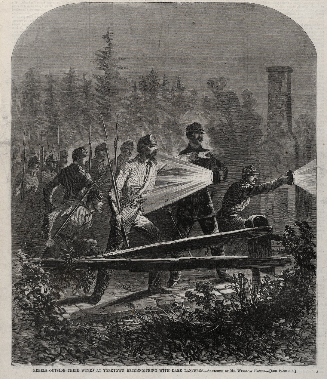 Rebellerna utanför sina befästningar vid Yorktown på rekognosering med mörka lyktor av Winslow Homer