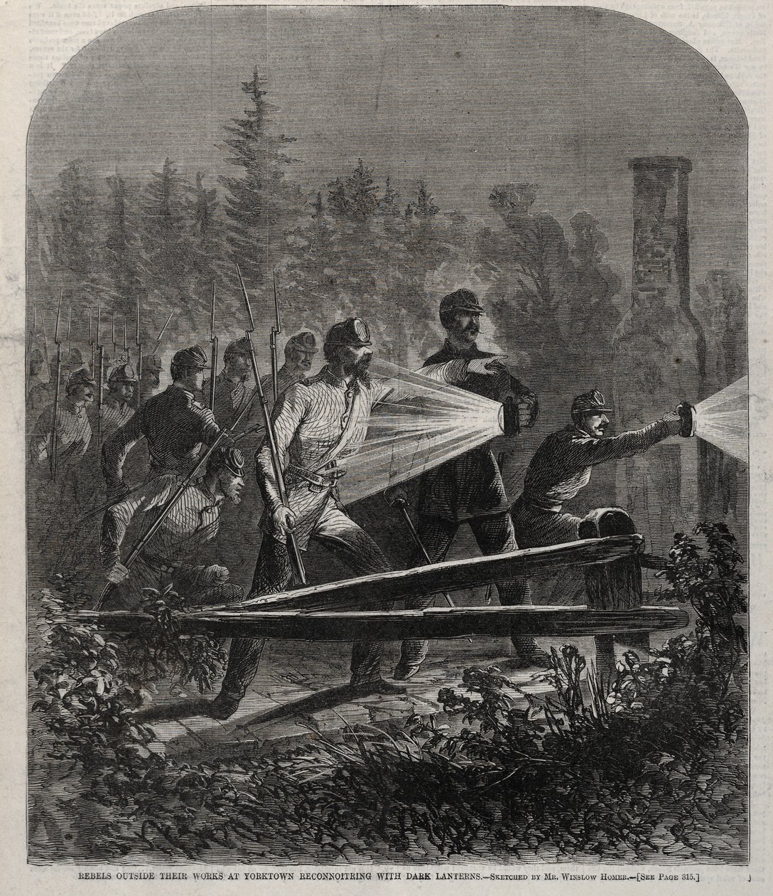 Rebeller utanför deras verk i Yorktown Reconnoitering with Dark Lanterns, 1862. av Winslow Homer