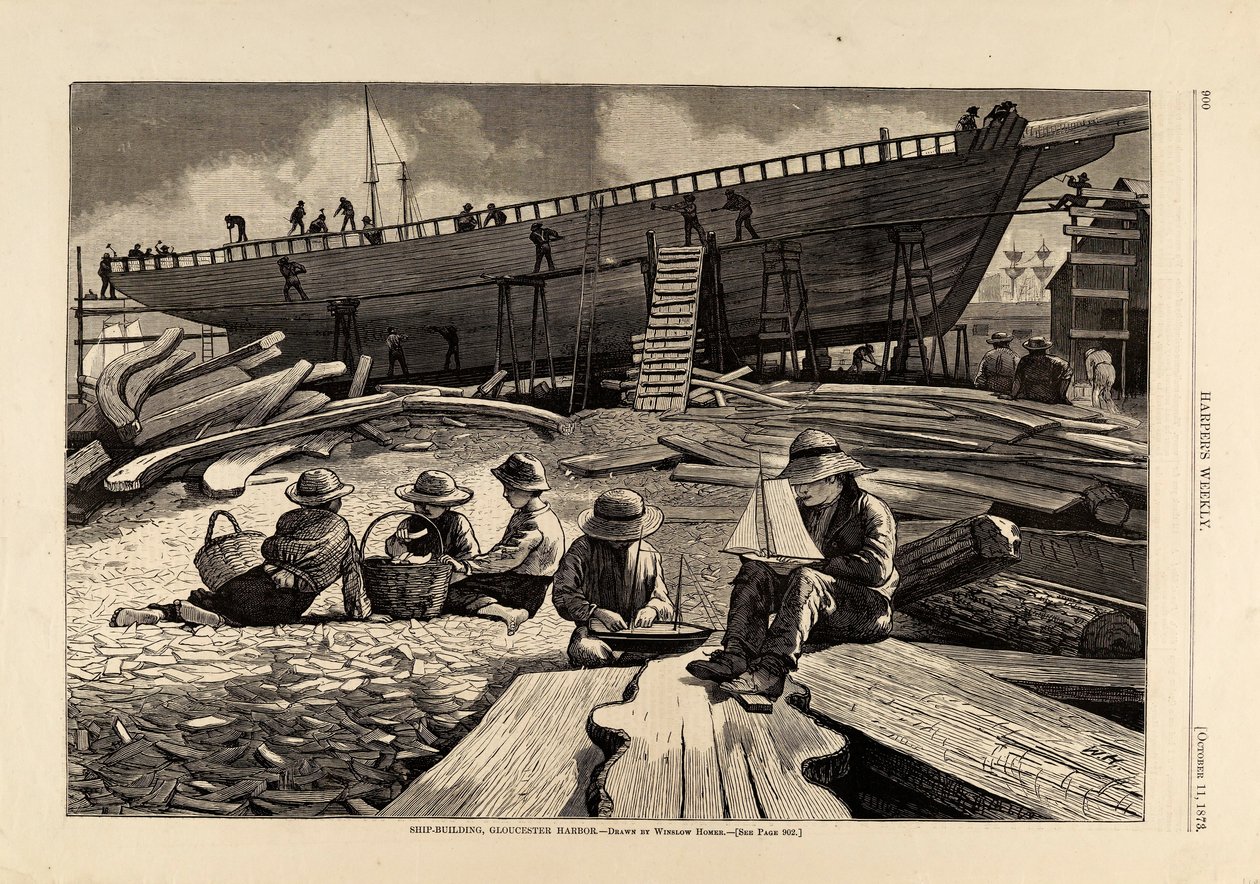 Skeppsbyggnad, Gloucester Harbor, från Harper
