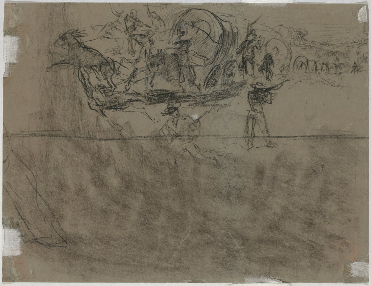 skärmytsling som involverar ett vagnståg [verso], 1864. av Winslow Homer