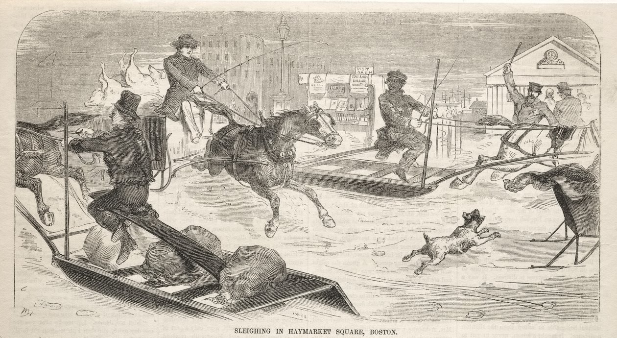 Slädåkning på Haymarket Square i Boston av Winslow Homer