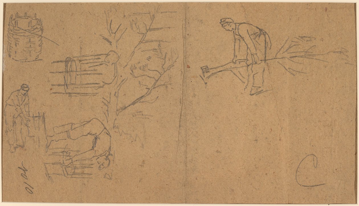 Soldater som fäller plantor och väver plantor i korgar [verso], 1862. av Winslow Homer