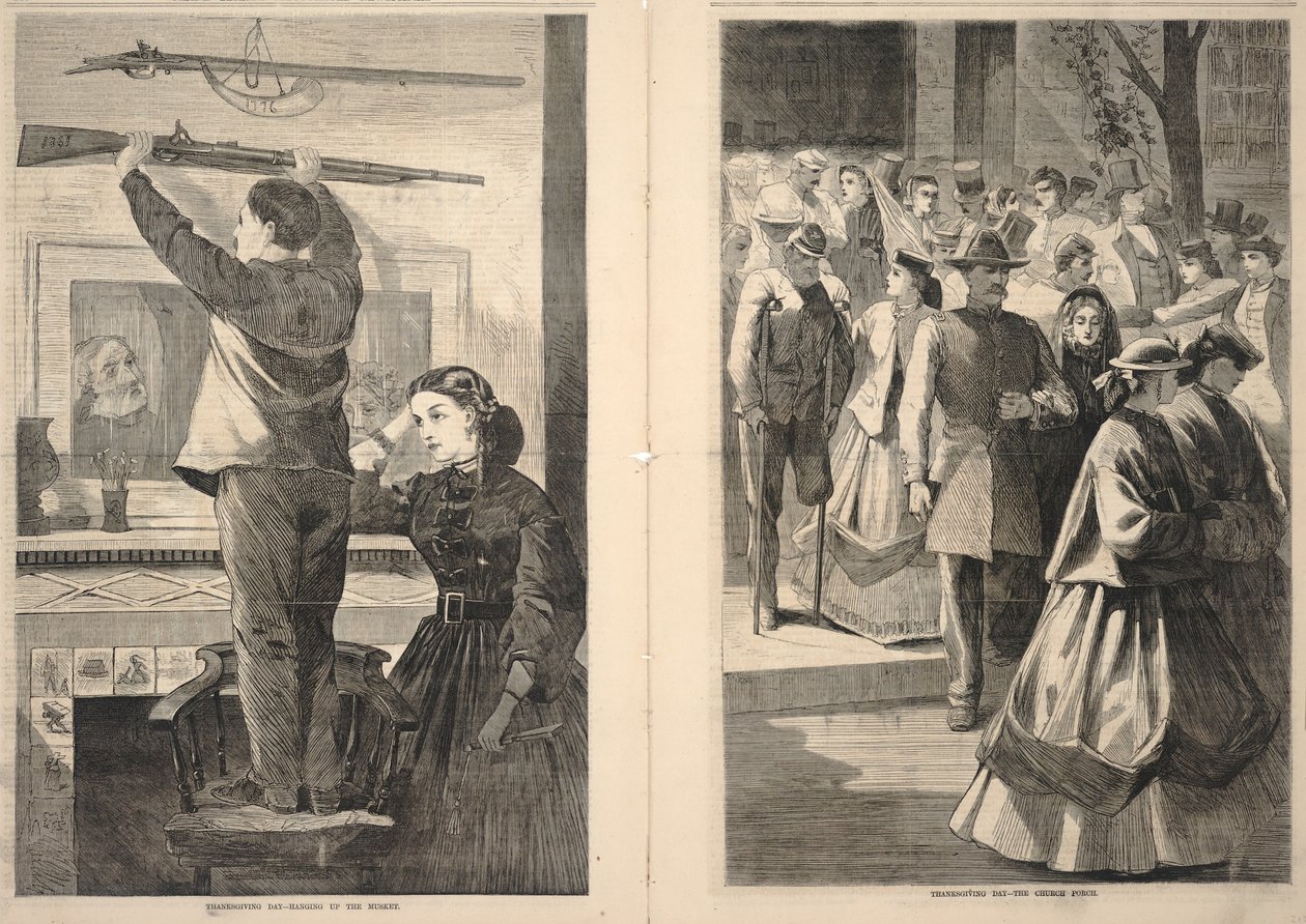 Thanksgiving Day--Hanging up the Musket/Thanksgiving Day--The Church Porch, från Frank Leslie
