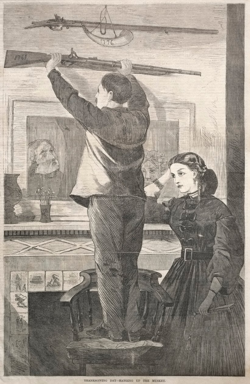 Thanksgiving Day - Hanging up the Musket, 1865. av Winslow Homer