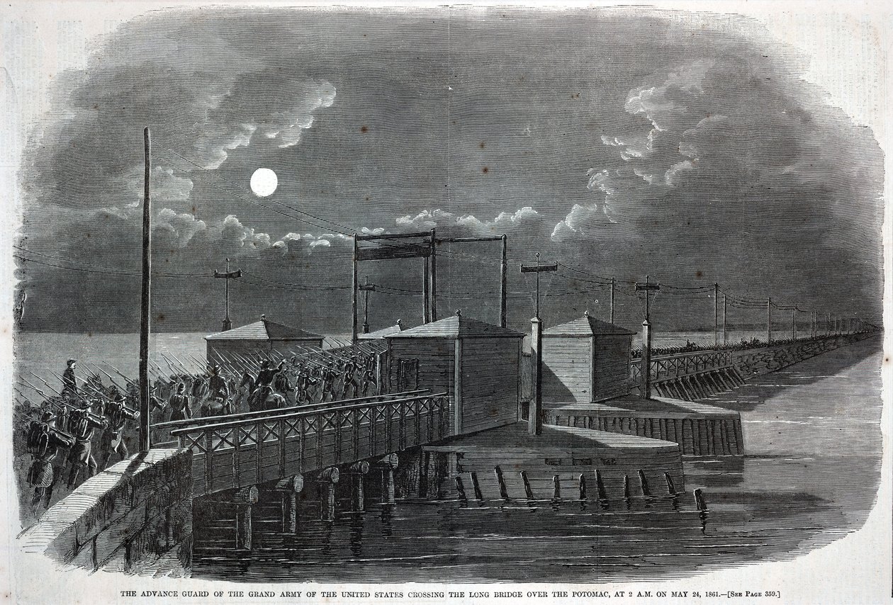 Förtruppen till USA:s stora armé korsar Long Bridge över Potomac kl. 02.00 den 24 maj 1861, från Harper