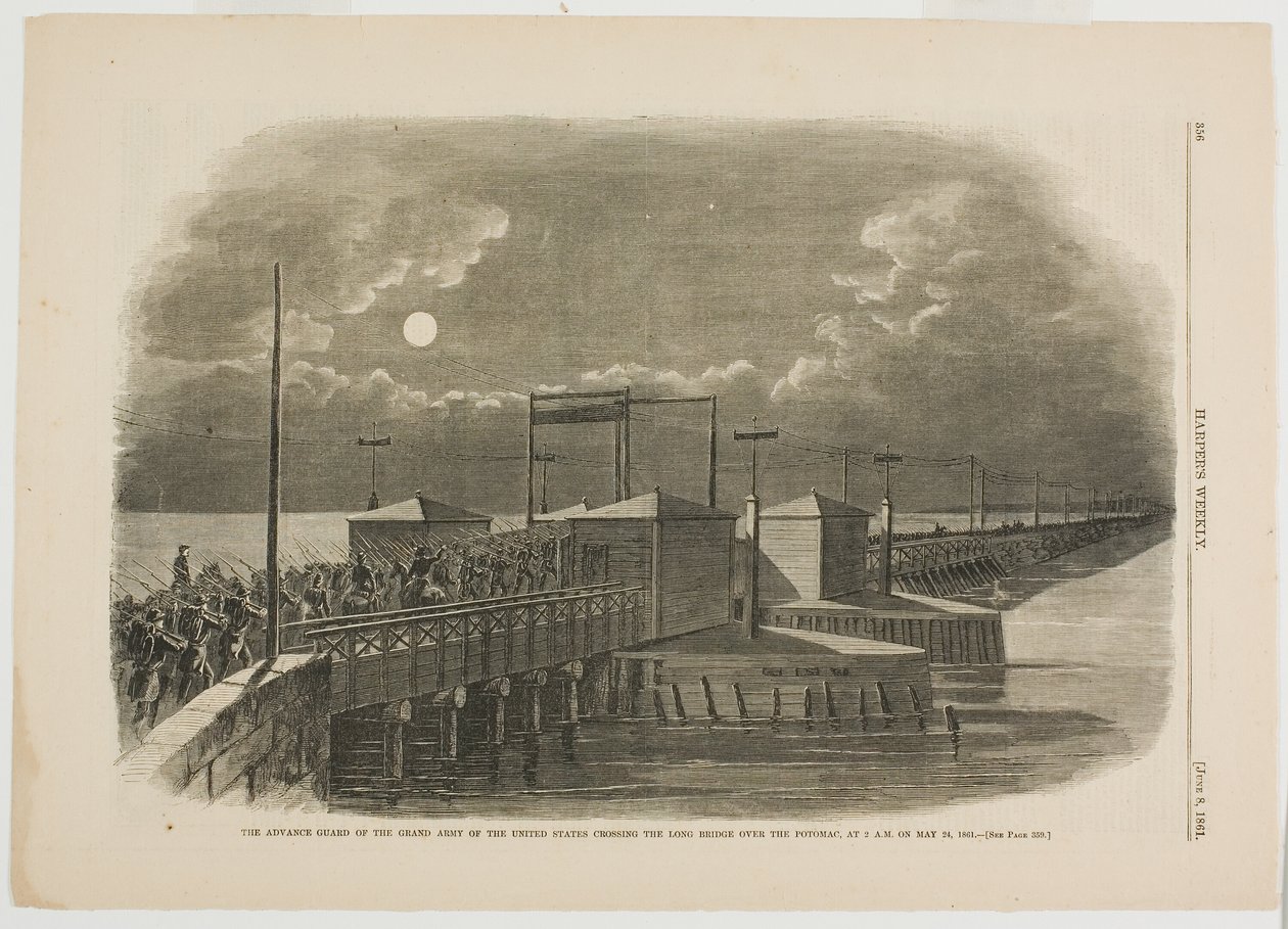 Förstärkningsgardet från USA:s stora armé korsar Long Bridge över Potomac klockan 2 på morgonen den 24 maj 1861 av Winslow Homer