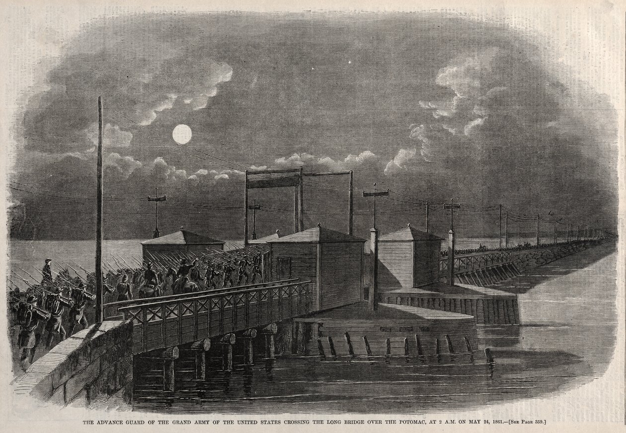 Förtruppen till Förenta staternas stora armé passerar Long Bridge över Potomac klockan 02.00 den 24 maj 1861 av Winslow Homer