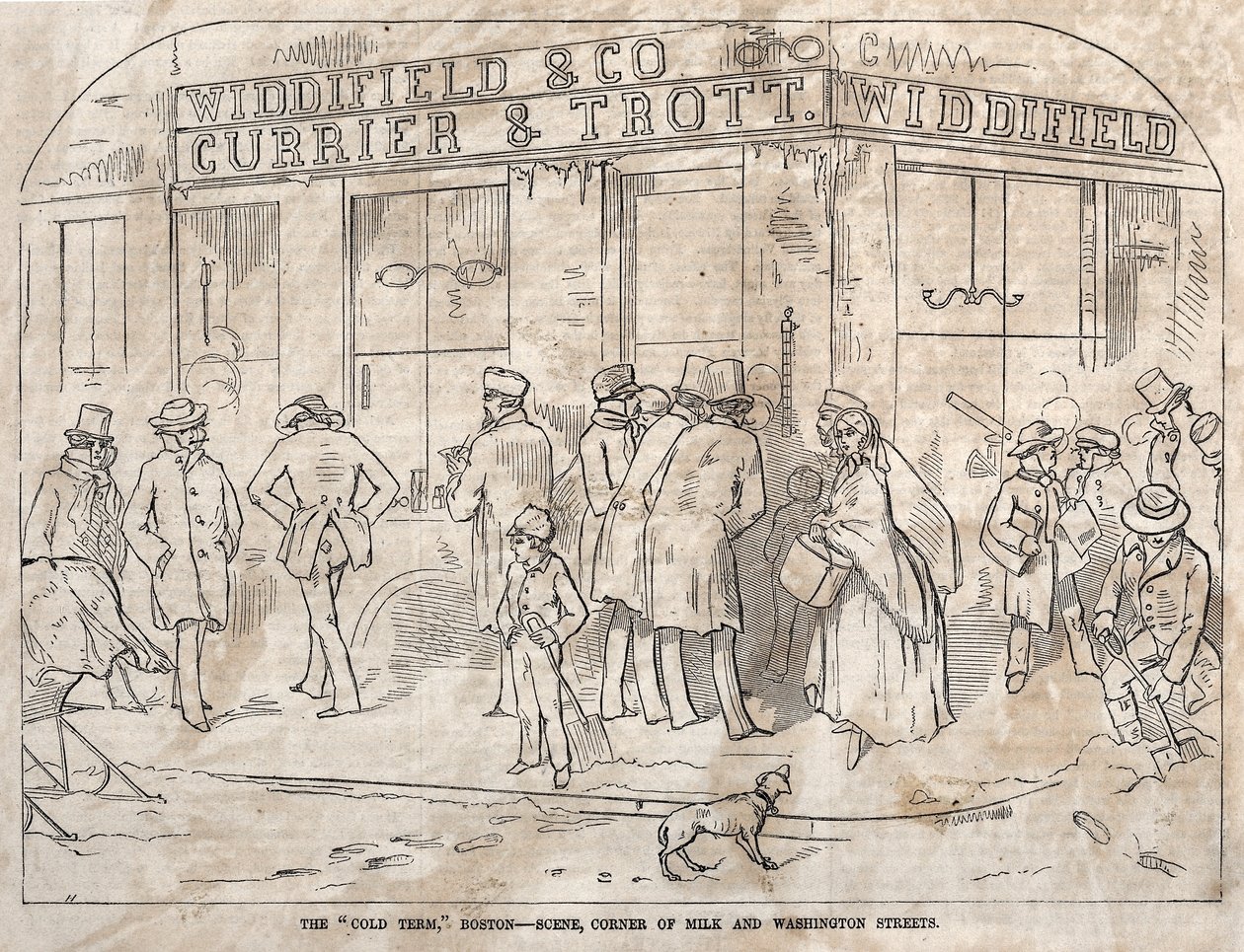 The Cold Term, Boston - Scene, Corner Milk and Washington Streets, 1858. av Winslow Homer