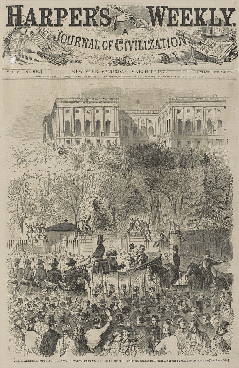 Invigningsprocessionen i Washington vid porten till Capitol Grounds (från en skiss av vår specialkonstnär), 1861 (trägravyr) av Winslow Homer