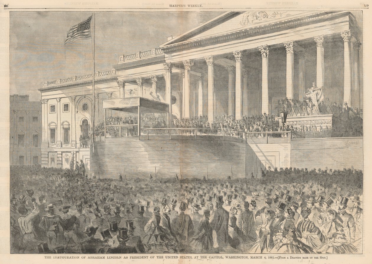 Invigningen av Abraham Lincoln som USA:s president, vid Capitol, Washington, den 4 mars 1861; från Harper av Winslow Homer